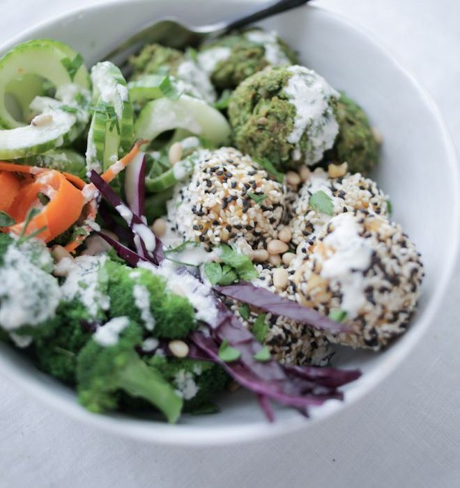 Baked Pea Falafel with Sesame Rice Balls, vegan, gluten-free | Nutrition Stripped